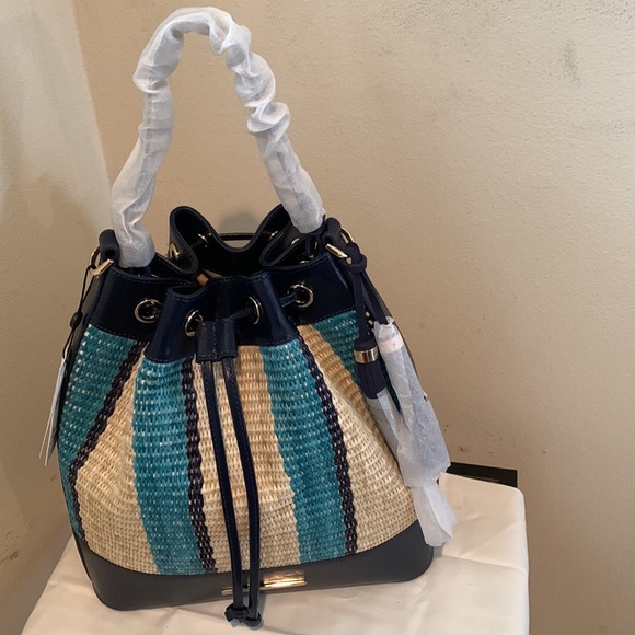 Handbags - Anguilla Collection Marlowe Striped Drawstring Straw Bucket Shoulder